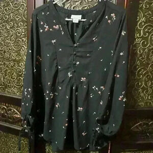 Liz Claiborne S Women’s Black Floral Sheer Blouse V-Neck Long Sleeve Top Casual